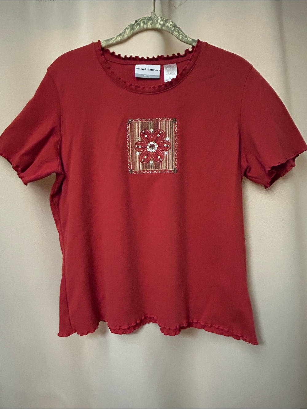 Alfred Dunner Crimson Red Short Sleeve Knit Top with Embroidered Floral Patch